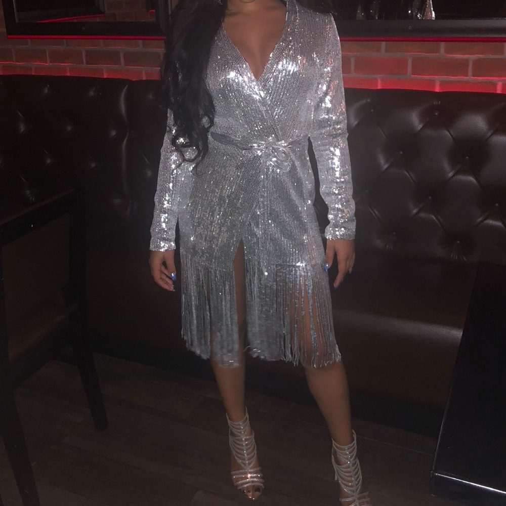 Silver sequin fringe dress